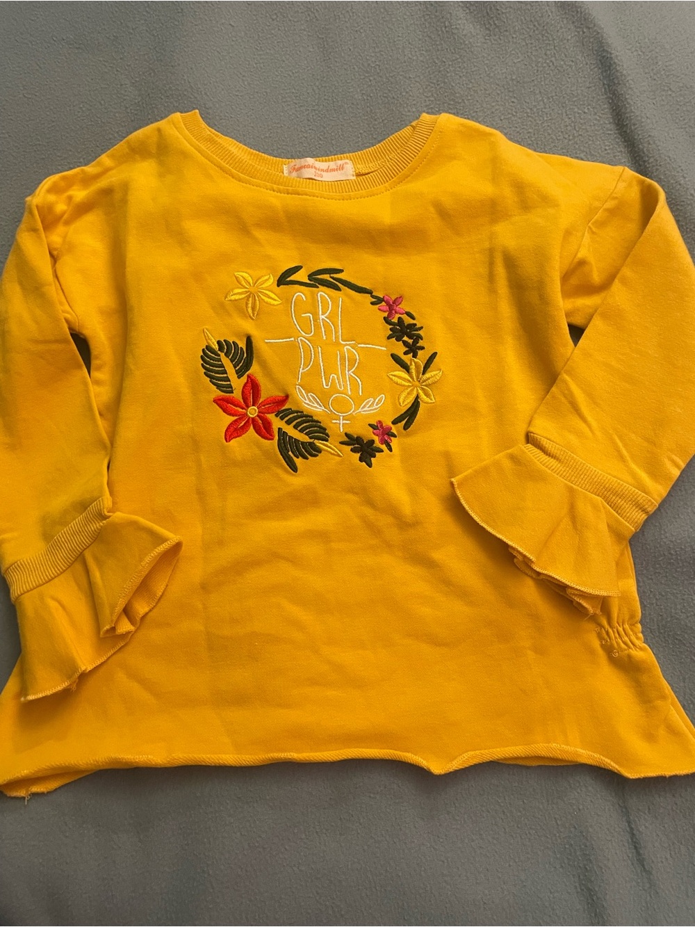 Girls' Yellow 'GRL PWR' Embroidered Ruffle-Sleeve Long Sleeve Top